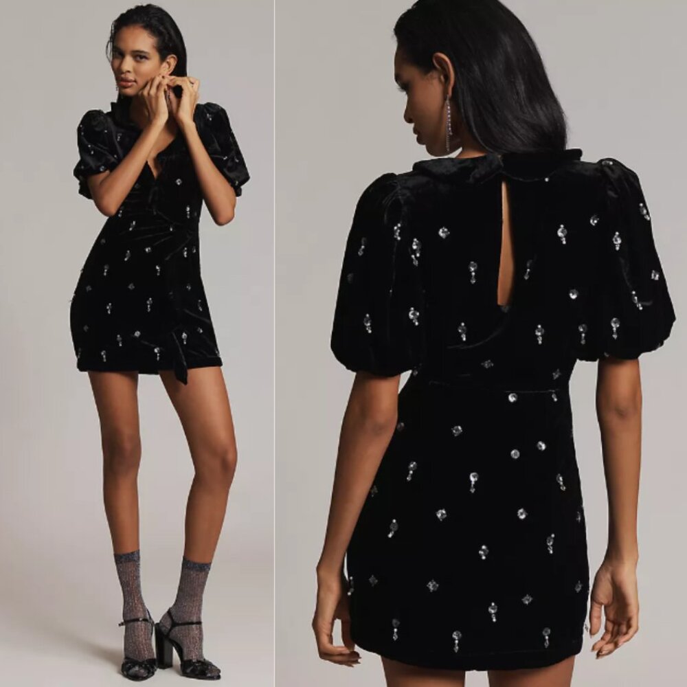 Anthropologie Maeve Short-Sleeve Velvet Embellished Mini Dress NWT in Black 6